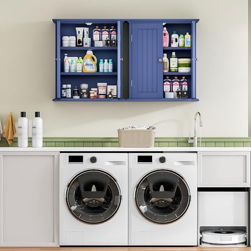 Bathroom Wall Cabinet with 2 Doors (Navy Blue / 8.8"D x 21.1"W x 24"H)