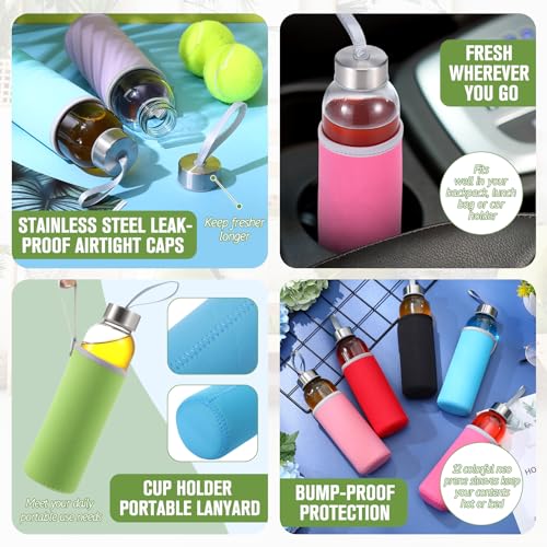 12 Pack Glass Water Bottles with Sleeves (Stylish / Colorful)
