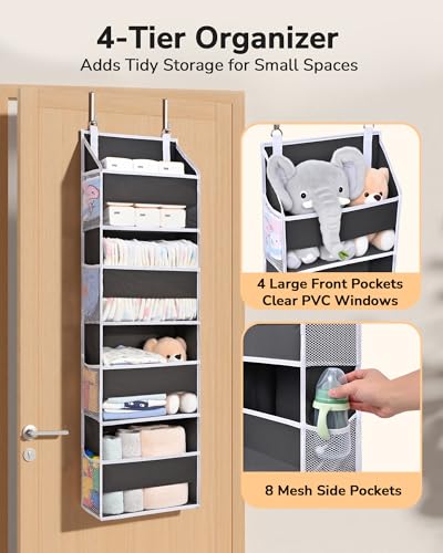 1 Pack Small Over Door Organizer with 4 Large Pockets 8 Mesh Side Pockets (Dark Grey / 1 Pack-4 Tier)