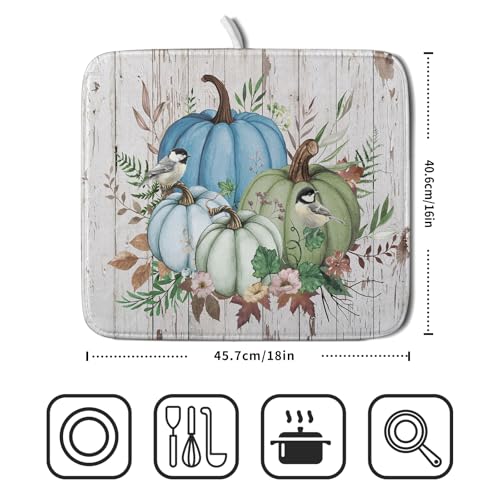 Fall Blue Pumpkin Dish Drying Mat 16x18 inch Autumn Harvest Dish Rack Mats Reversible Microfiber Drainer Pad for Kitchen Countertop Decor (Blue Pumpkin / 16" x 18")