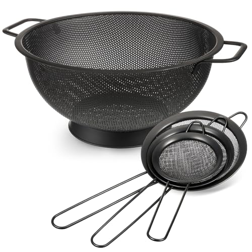 4 Quart Black Colander and 3 Metal Fine Mesh Strainer Set (4 Quart / Black)