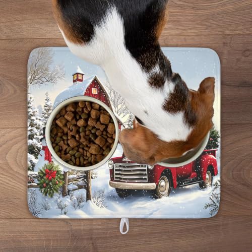 Red Truck Dish Drying Mat Winter Xmas Tree Drainer Rack Pad 16"x18" Microfiber Absorbent Quick Dry Dish Sink Mat for Table Kitchen Counter (Red Truck Snowman / 16x18 inch)