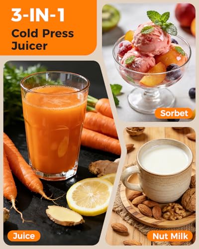 3-in-1 Cold Press Juicer Machines, 6.5" Mega Chute for Whole Fruit, Slow Masticating Juicer with Sorbet & Nut Milk Maker, BPA Free, 100 OZ Hopper, Easy Clean, Oxide Gray