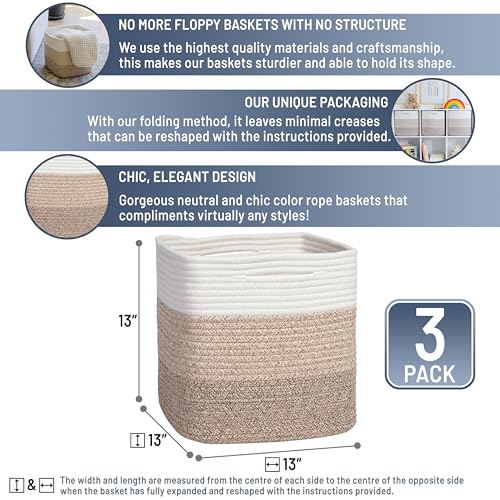 13 Inch Cube Storage Bins Cotton Rope Woven Baskets for Organizing 3 (3-Tone Brown / 13 x 13 x 13 (Standard))