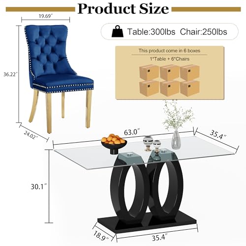 63" Glass Dining Table Set for 6 (Black Table & Gold Blue Chair / 7-Piece Set-Double O-Shaped Table)
