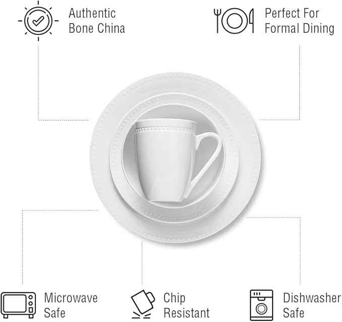 Stone Lain Ava Bone China Formal Dinnerware Set, 16-Piece Everyday Dish Service for 4 Includes Plates, Bowls, and Mugs | Chip + Scratch Resistant| White with Embossed Pinpoint Design