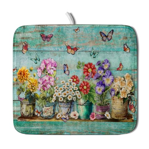 Vintage Flower Dish Drying Mat for Kitchen Counter 18 X16 in Teal (Green Flowers Jars / 18" x 16")