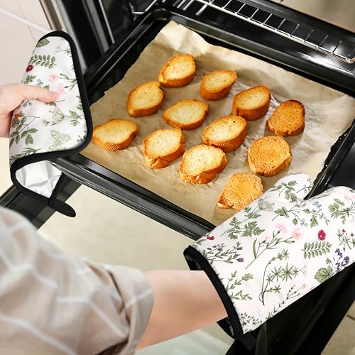 Floral Oven Mitts and Pot Holders Sets Wildflower Oven Gloves Heat Resistant 4 Pcs Pretty Decorative Kitchen Hot Pads and Mitts for Baking Cooking Grilling (White)