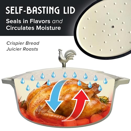 MUELLER HOME 5.5 Quart Enameled Cast Iron Oval Dutch Oven with Rooster Knob & Cotton Potholders (5.5 Quart -Oval / White)