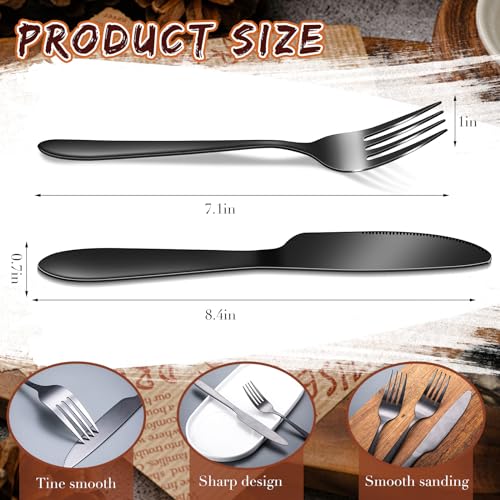 50 Pieces Stainless Steel Forks Silverware Set Dinner Forks and Knives Flatware Tableware Cutlery Set for Kitchen Restaurant (7.1 x 1 Inch, 8.4 x 0.7 Inch / Black)