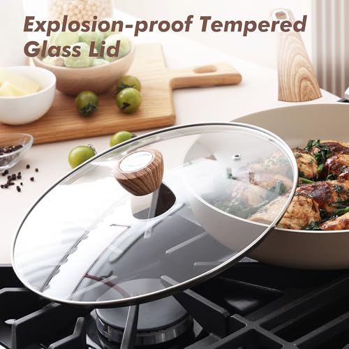 8inch Ceramic Nonstick Frying Pan Paella Pan with Lid (8 Inch / TAFFEE Taupe)