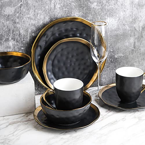 Florian Modern Porcelain Dish Set (32-Pieces Service for 8 / Black with Gold Rim)