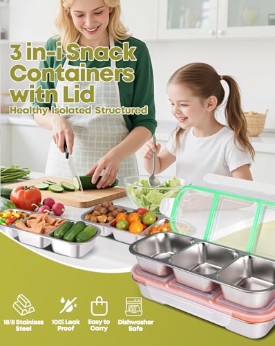 2 Pack Stainless Steel Snack Containers (3 compartment Orange Green)