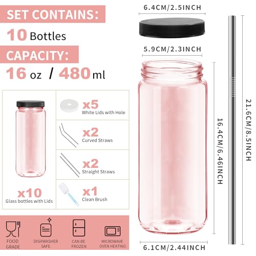 Pink 10pack 16oz Glass Juice Bottles with Lids & Straws & Juicing Recipe (Pink / 16oz-10pack)