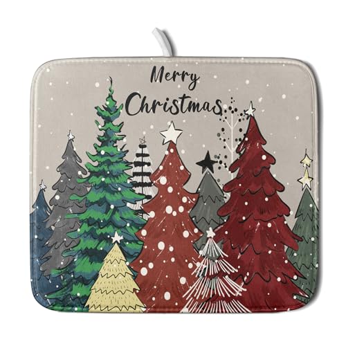 Christmas Trees Dish Drying Mat Winter Holiday Kitchen Dishes Pad 16x18 Inch Absorbent Reversible Fast Dry Draining Rack Pad for Countertop (Christmas Snow Trees / 16" x 18")