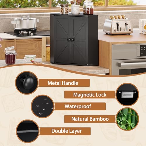 Corner Bread Box for Kitchen Counter Double Layer Bamboo Bread Storage Container Large Capacity Bread Storage Bin Farmhouse Breadbox Organizer (Black)