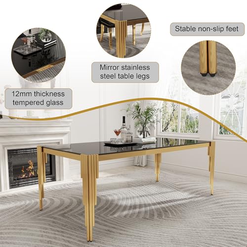 78'' Modern Glass Dining Table for 6 (Gold-black / Rectangle-78.74" L x 39.37" W x 29.53" H)