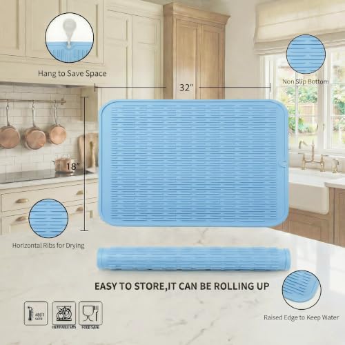Silicone Dish Drying Mat for Multiple Usage (Light Blue / 32"L x 18"W)