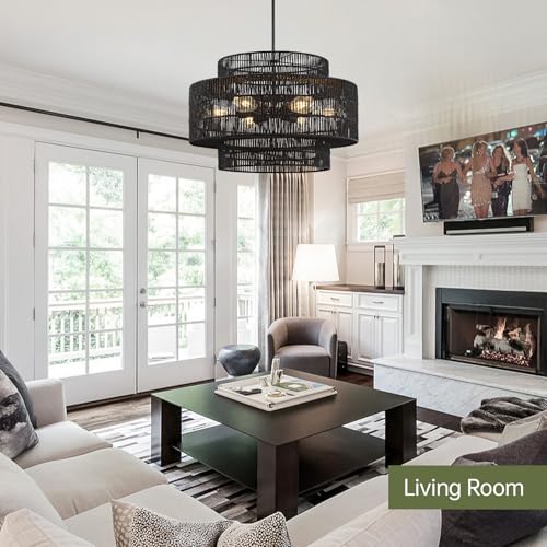24" Black Rattan Chandelier for Dining Room (Black / 24" 6-Light)