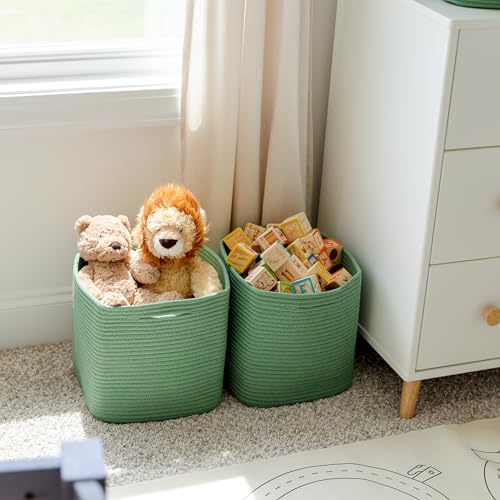 Storage Cubes 11 Inch Cotton Rope Woven Baskets for Organizing (Green)