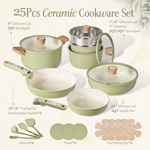 25pcs Ceramic Cookware Sets (Green / 25 Piece)