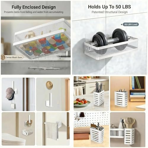 5-in-1 Wide Wall Mount Wrapped Mesh Kitchen Organizer & Shower Caddy Kit, with Paper Towel Holder, Utensil Holder, Soap Dish, Heavy Duty 50LBS - White, Netting (White / 5-in-1 Full Mesh (12.6" Wide))