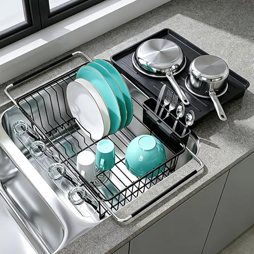 Black Dish Drying Rack in Sink with Drainboard and Utensil Holder (Black / For 12"-30"w Sink, with Drainboard)