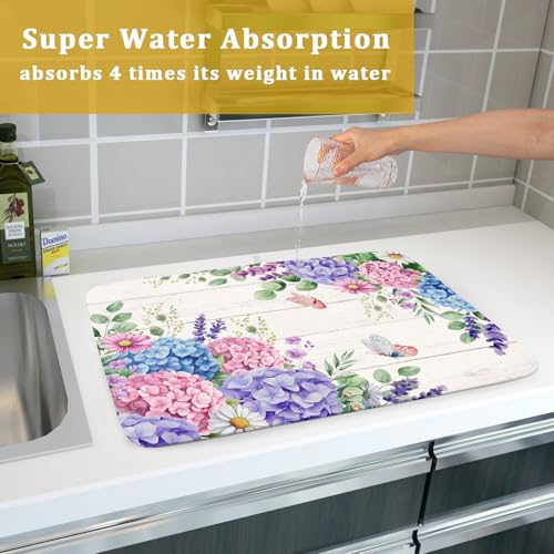 Hydrangea Floral Dish Drying Mat 18x24 inch Spring Summer Decorative Fast Dry Dishes Draining Mats Absorbent Microfiber Drainer Rack Pad (Hydrangea Floral / 18" x 24")