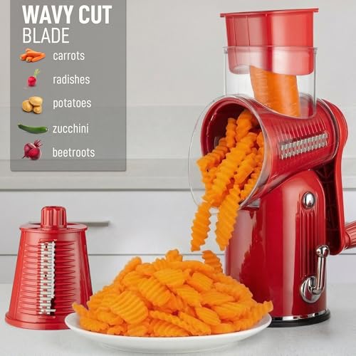 Rotary Cheese Grater Manual Hand Crank 5 Blade Shredder (5 Blades / Classic | Red)