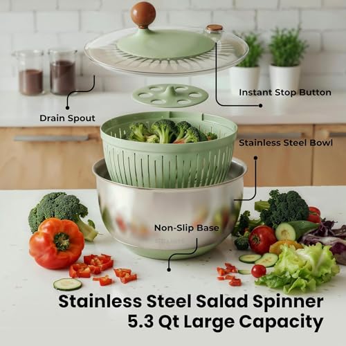 Large Stainless Steel Salad Spinner 5.3QT