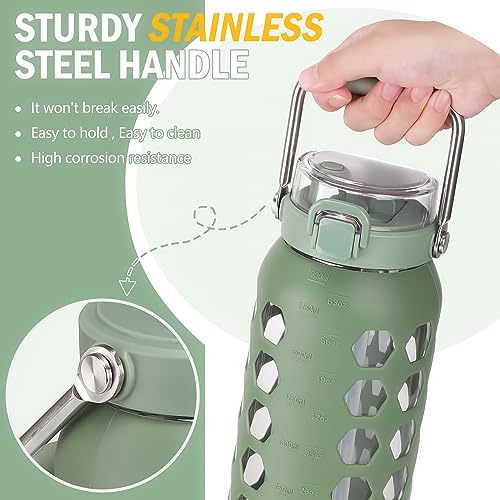 64oz Glass Water Bottle with Straw and Lid (Olive / 64 Ounces)