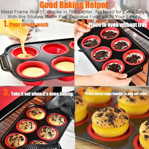 Muffin Pan, 6-Cup Nonstick Silicone Muffin Pans for Baking, Food-Grade Cupcake Pan for Oven, Microwave, Dishwasher Safe, BPA-Free Silicone Baking Mold for Muffins, Cupcakes, Egg Muffins (6 Cups Red)