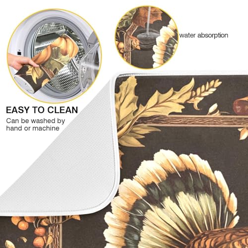 Thanksgiving Turkey Pumpkin Dish Drying Mat for Kitchen Counter Absorbent Microfiber Drying Pad (16" x 18")