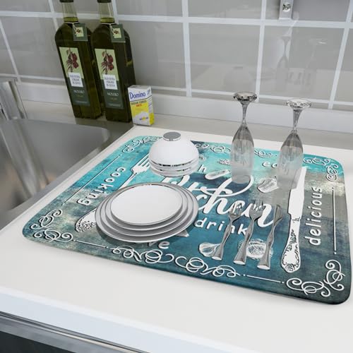 Blue Grey Dish Drying Mat 18x24 Inch Cooking Delicious Absorbent Drying Pad Heat Resistant Dish Drainer Mats for Kitchen Countertop (Blue Kitchen Cooking / 18" x 24")