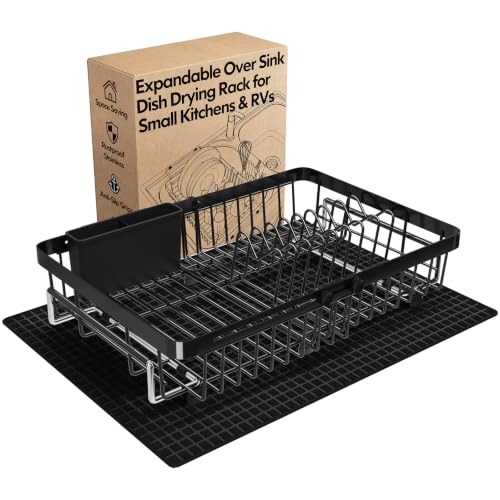 Expandable Dish Drying Rack Over Sink with Extra Drying Mat (Black / For 13"-30" W Sink with Mat)