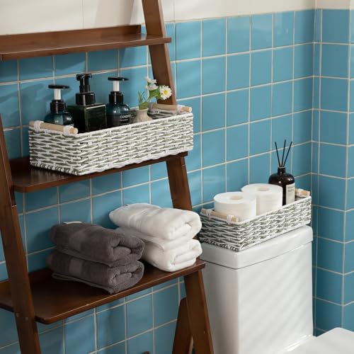 Toilet Paper Baskets Handmade Paper Rope Decorative Wicker Storage Tank Shelf Cabinet Organizer for Bathroom Home (Green & White)