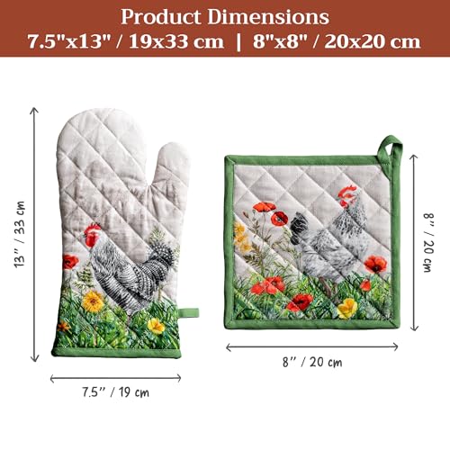 100% Cotton Oven Mitt & Pot Holder Set (018 - Basse Cour / 7.5" x 13" & 8" x 8" (Oven Mitt & Pot Holder))