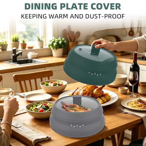 Tall Microwave Splatter Cover Glass Cover Guard Lid 5.8 inch Height with Collapsible Silicone for Food Pot Plate 10.5 inch Dark Green (Taller style Dark Green / 10.8 inch)