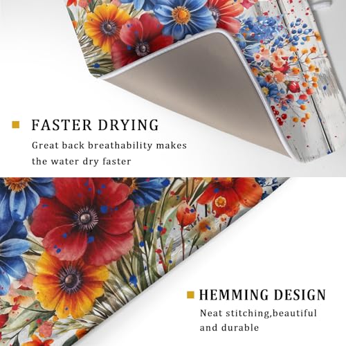 4th of July Dish Drying Mat 18x24 inch Patriotic Floral Fast Dry Microfiber Reversible Dish Drainer Rack Pad Kitchen Counter Accessories (Patriotic Floral / 18" x 18")