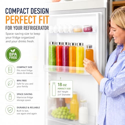 18 oz Clear Glass Juice Bottles with Stainless Steel Lids Leak Proof