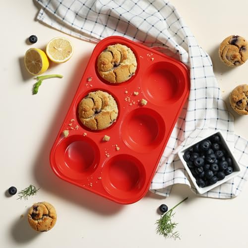 2 Pack 6 Cups Silicone Mini Muffin Pan with Metal Reinforced Frame Silicone Molds Cupcake Cake Baking Pans Cookie Baking Chocoflan Cupcake Mold Cake Molds Kitchen Baking Mom Gift Home Essentials (2pc: 6-Cup Jumbo / Red)