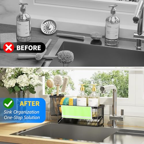 Kitchen Sink Caddy Organizer with High Brush Holder (Stainless Steel / 9.25 inches)