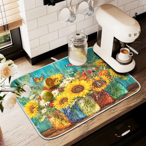 Spring Summer Floral Jar Dish Drying Mat for Kitchen Counter Absorbent Microfiber Small Drying Pad Dish mats for Kitchen Countertops 16 x 18 Inch (Spring Summer Floral Jar / 18" x 16")