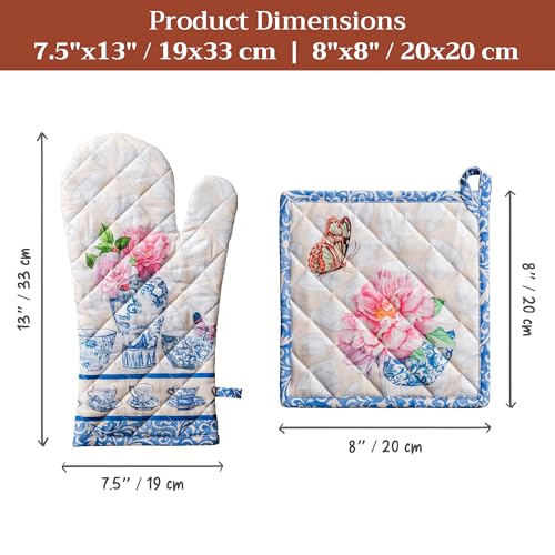 100% Cotton Oven Mitt & Pot Holder Set (017 - Canton / 7.5" x 13" & 8" x 8" (Oven Mitt & Pot Holder))