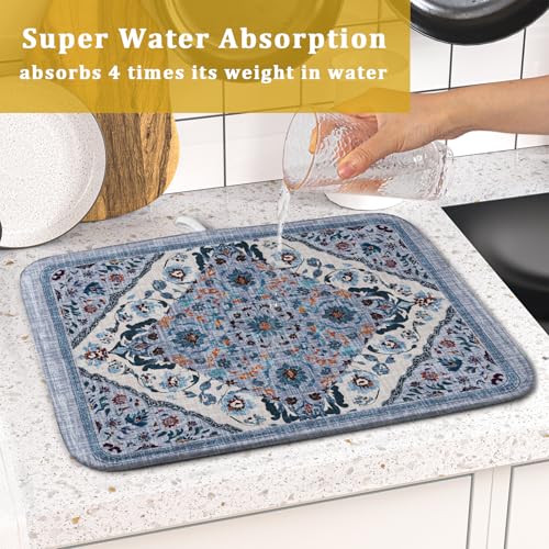 Boho Flower Dish Drying Mat Blue Bohemian Dishes Drainer Rack Mat 16x18 Inch Microfiber Kitchen Drying Pad for Countertop Tableware Decor (Blue Bohemian / 16" x 18")