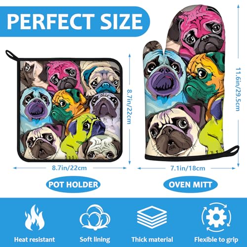 Colorful Pug Dog Face Oven Mitts and Pot Holders Sets Heat Resistant 4Pcs Potholders Oven Gloves Hot Pads for Kitchen Baking Cooking Grilling BBQ (Colorful Pug Dog Face)