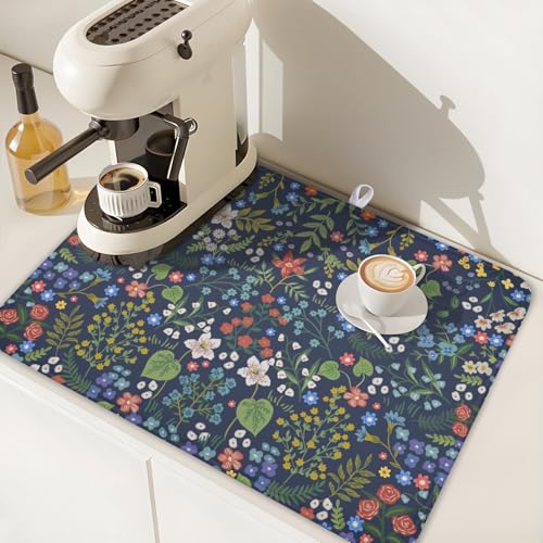 Flower Floral Dish Drying Mat 18x24 inch Microfiber Navy Blue Drying Mats with Hanging Loop Absorbent Green Leaves Dish Drainer Mat Reversible Flowers Drying Pad for Kitchen Counter Sink (Colored Flower / 24" x 18")