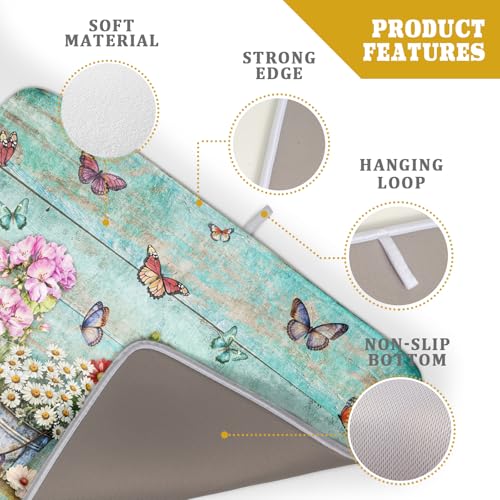 Spring Floral Rustic Dish Drying Mat for Kitchen Counter Absorbent Microfiber Large Drying Pad 18 x 24 Inch Flowers Jars (Green Flowers Jars / 24" x 18")