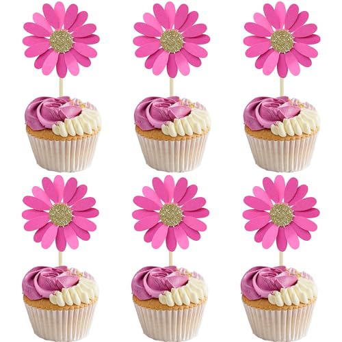 24Pcs Daisy Cupcake Toppers Flower Cake Topper Decorations Daisy Cake Decorations Chrysanthemum Cupcake Toppers Spring Daisy Flower Cake Picks for Birthday Wedding Supplies Rose Red (24 Count)