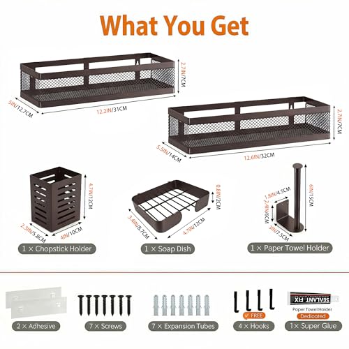 5-in-1 Wide Wall Mount Wrapped Mesh Kitchen Organizer & Shower Caddy Kit, with Paper Towel Holder, Utensil Holder, Soap Dish, Heavy Duty 50LBS - Vintage Bronze, Netting (Vintage Bronze / 5-in-1 Full Mesh (12.6" Wide))